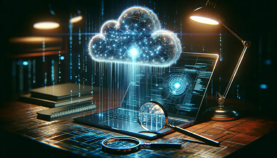 A technical illustration of a laptop with a magnifying glass and cloud over it.